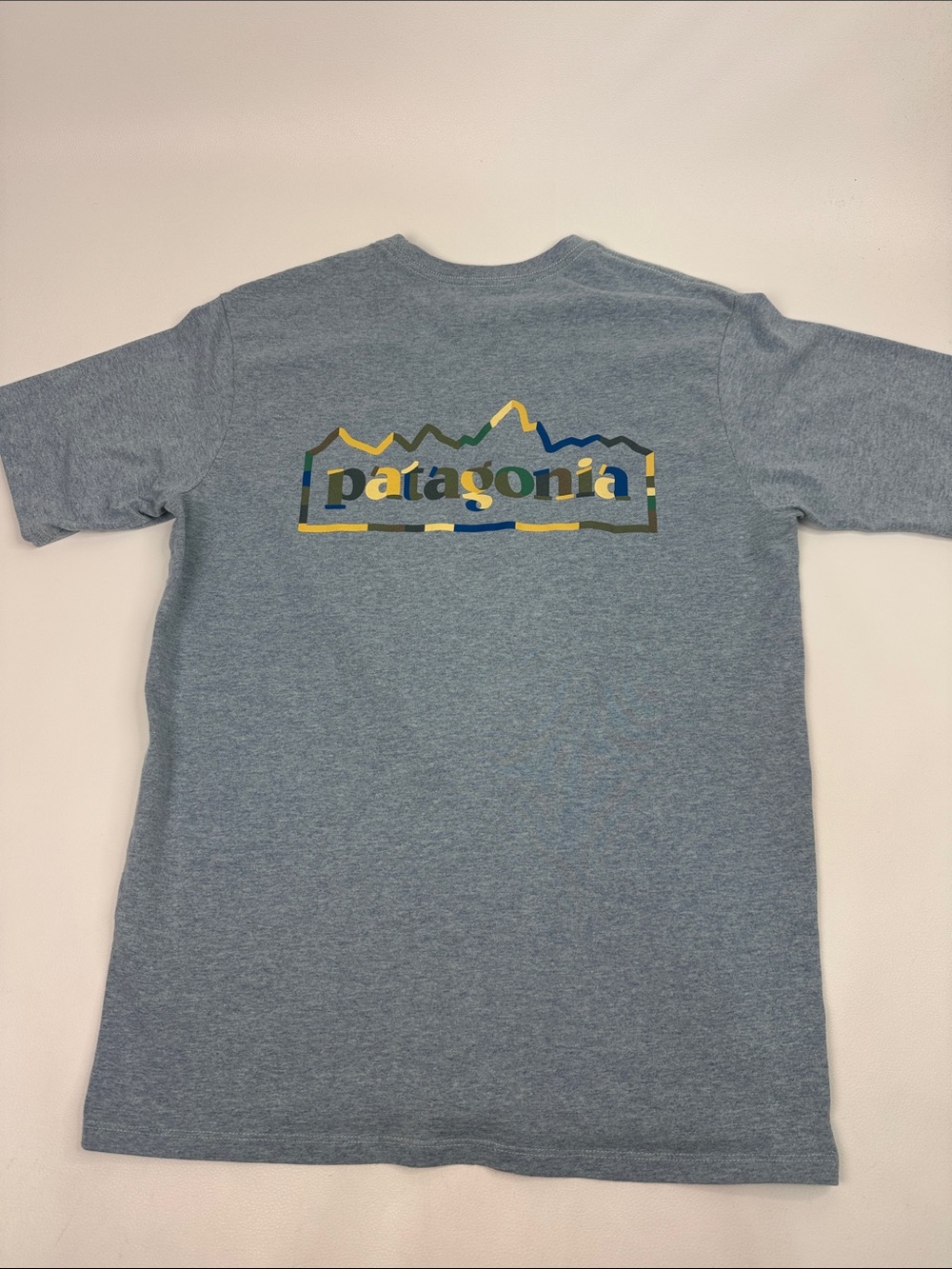 Patagonia Short-Sleeve Logo Tee in Heather Blue with Multicolor Print Small
